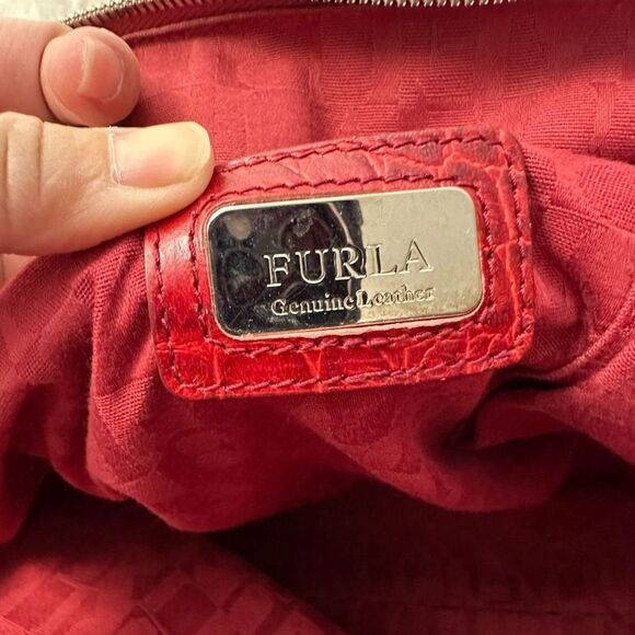 FURLA Ischia Red Cherry Croco Embossed Leather Dome Handbag Zip Top large - Picture 9 of 13